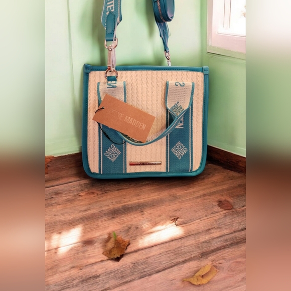 STEVE MADDEN BWEBBER STRAW SATCHEL CROSSBODY BAG W AIR POD CASE TEAL NWT - Picture 3 of 10